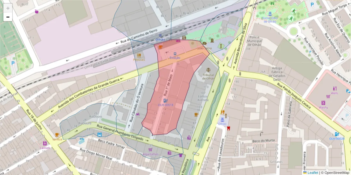 Mapa detalhado do código postal 8700-513 com limites, códigos postais vizinhos e agências dos correios