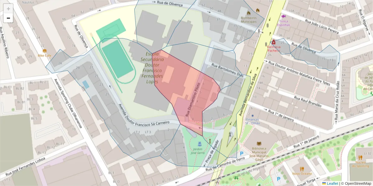 Mapa detalhado do código postal 8700-514 com limites, códigos postais vizinhos e agências dos correios