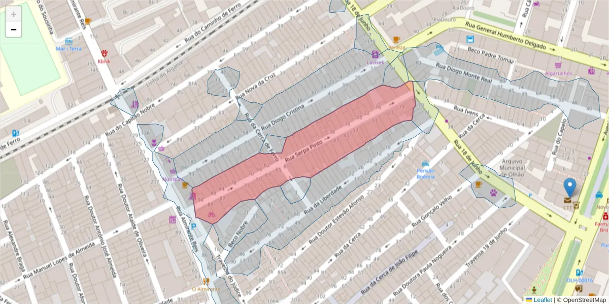 Mapa detalhado do código postal 8700-519 com limites, códigos postais vizinhos e agências dos correios