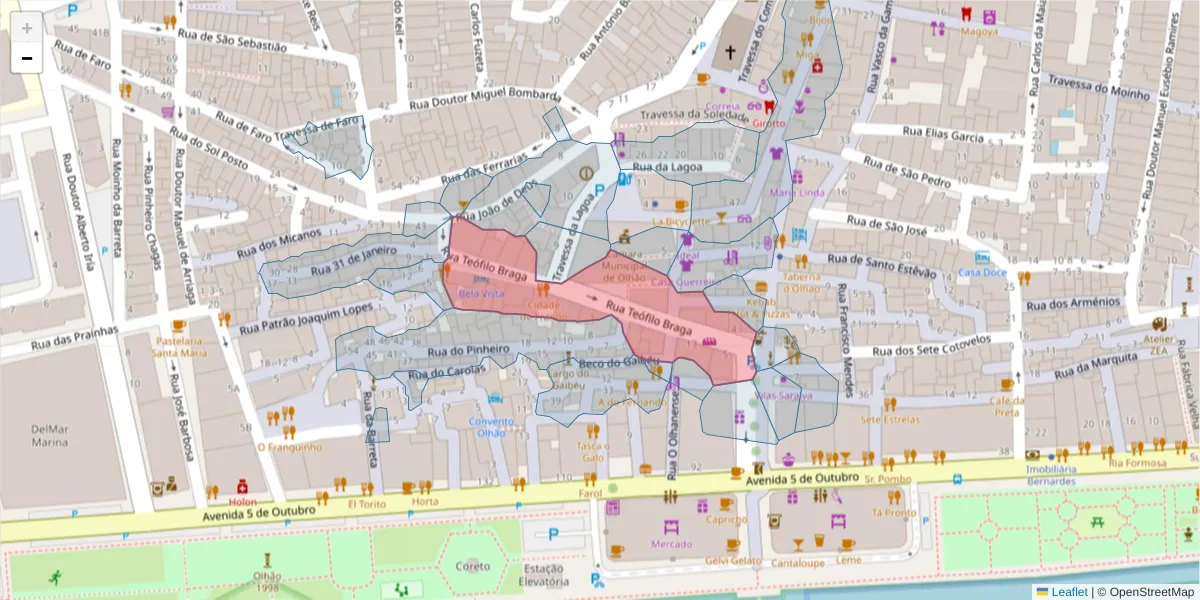 Mapa detalhado do código postal 8700-520 com limites, códigos postais vizinhos e agências dos correios