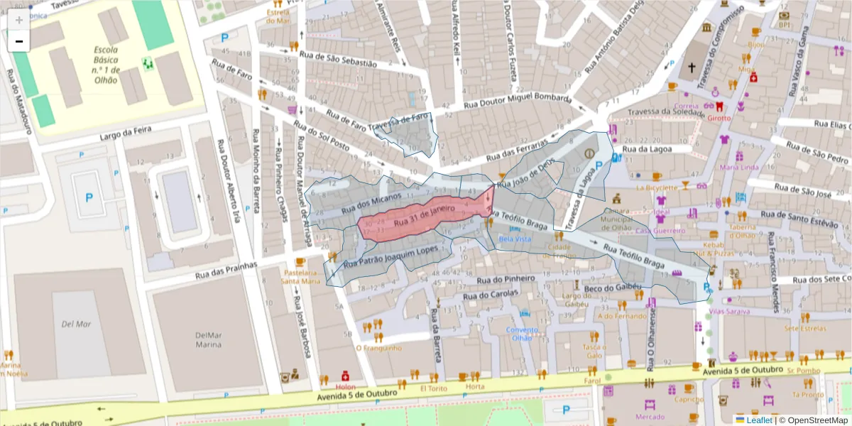 Mapa detalhado do código postal 8700-521 com limites, códigos postais vizinhos e agências dos correios
