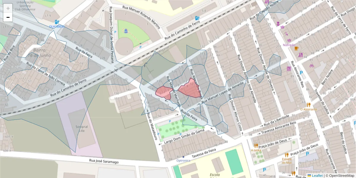 Mapa detalhado do código postal 8700-524 com limites, códigos postais vizinhos e agências dos correios