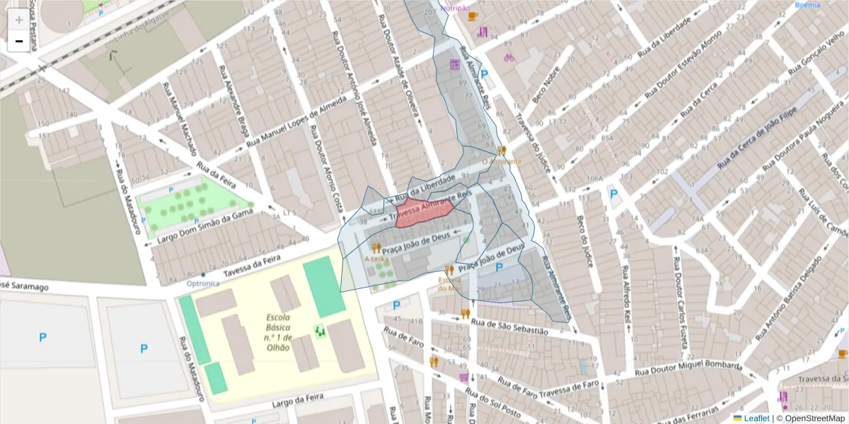 Mapa detalhado do código postal 8700-525 com limites, códigos postais vizinhos e agências dos correios