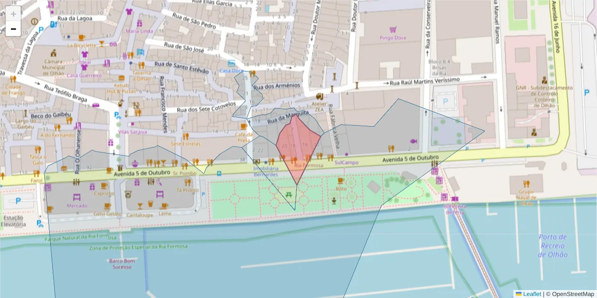 Mapa detalhado do código postal 8700-527 com limites, códigos postais vizinhos e agências dos correios