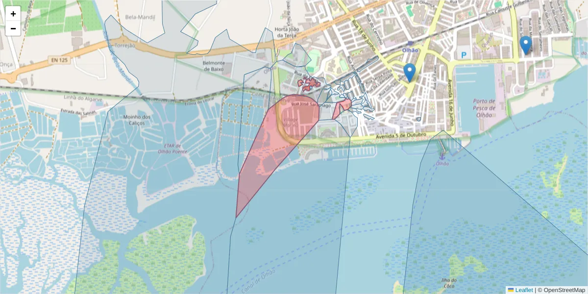 Mapa detalhado do código postal 8700-528 com limites, códigos postais vizinhos e agências dos correios