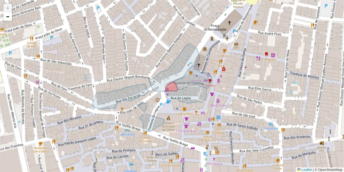 Mapa detalhado do código postal 8700-530 com limites, códigos postais vizinhos e agências dos correios