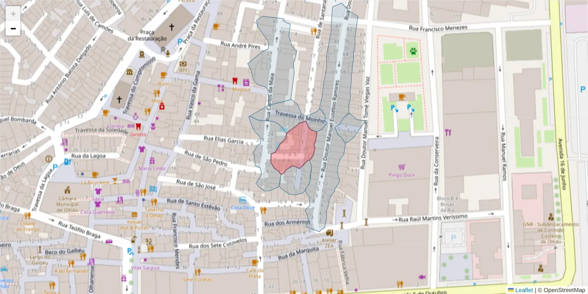 Mapa detalhado do código postal 8700-534 com limites, códigos postais vizinhos e agências dos correios