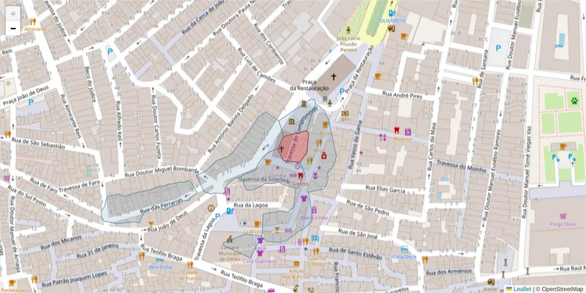 Mapa detalhado do código postal 8700-542 com limites, códigos postais vizinhos e agências dos correios