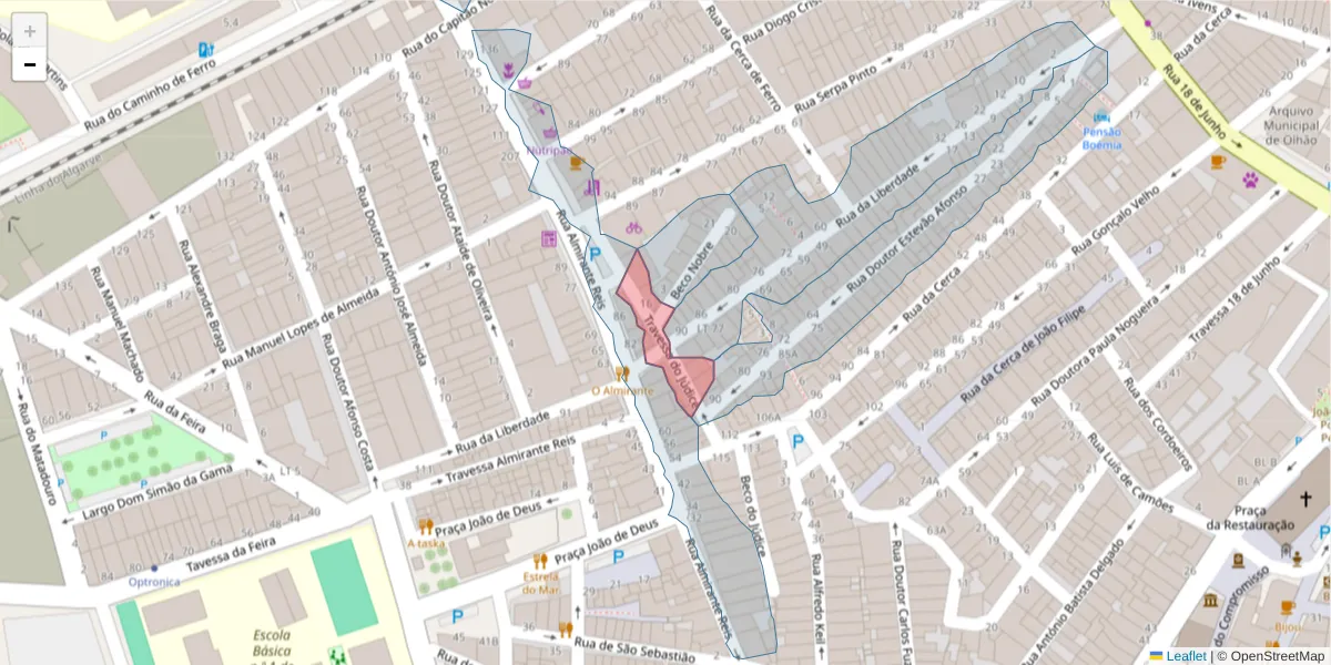 Mapa detalhado do código postal 8700-545 com limites, códigos postais vizinhos e agências dos correios