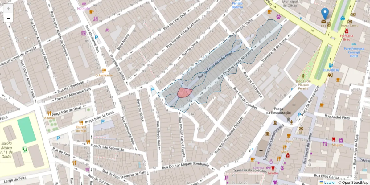 Mapa detalhado do código postal 8700-550 com limites, códigos postais vizinhos e agências dos correios