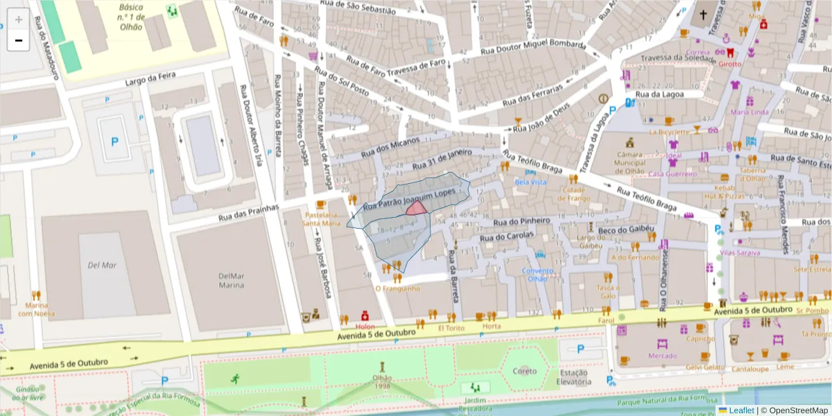 Mapa detalhado do código postal 8700-551 com limites, códigos postais vizinhos e agências dos correios