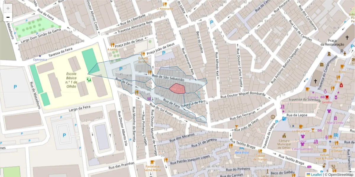 Mapa detalhado do código postal 8700-554 com limites, códigos postais vizinhos e agências dos correios