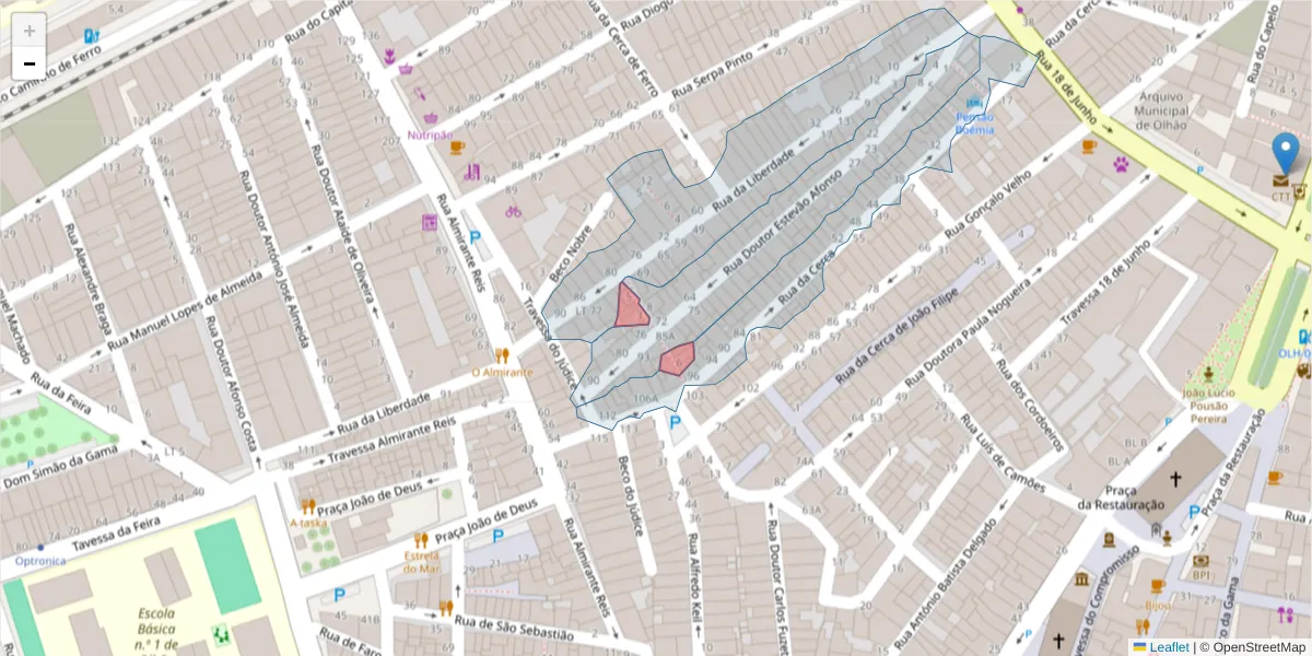 Mapa detalhado do código postal 8700-556 com limites, códigos postais vizinhos e agências dos correios