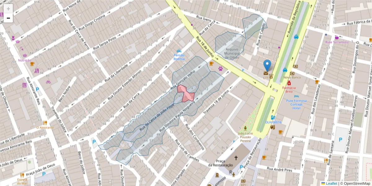 Mapa detalhado do código postal 8700-557 com limites, códigos postais vizinhos e agências dos correios