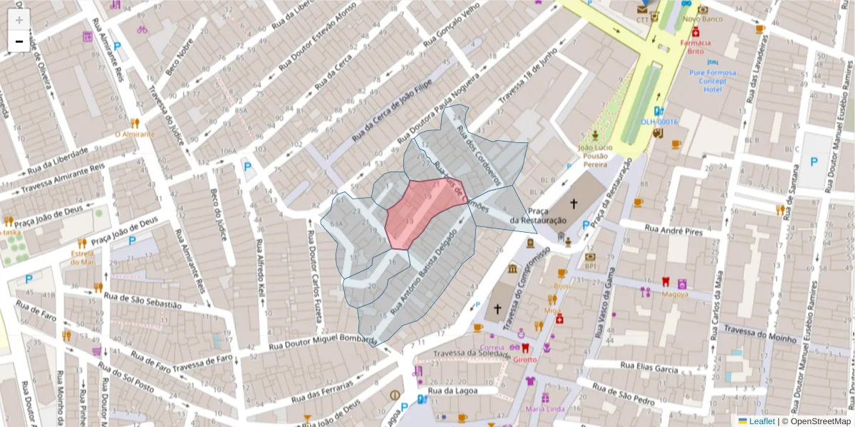 Mapa detalhado do código postal 8700-561 com limites, códigos postais vizinhos e agências dos correios