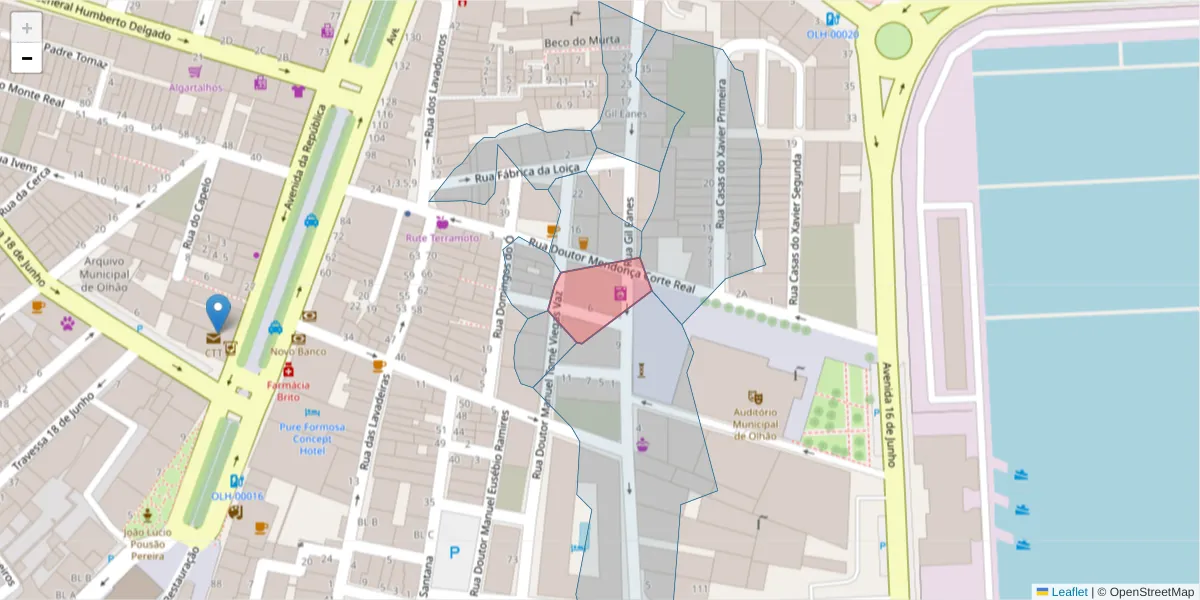Mapa detalhado do código postal 8700-562 com limites, códigos postais vizinhos e agências dos correios