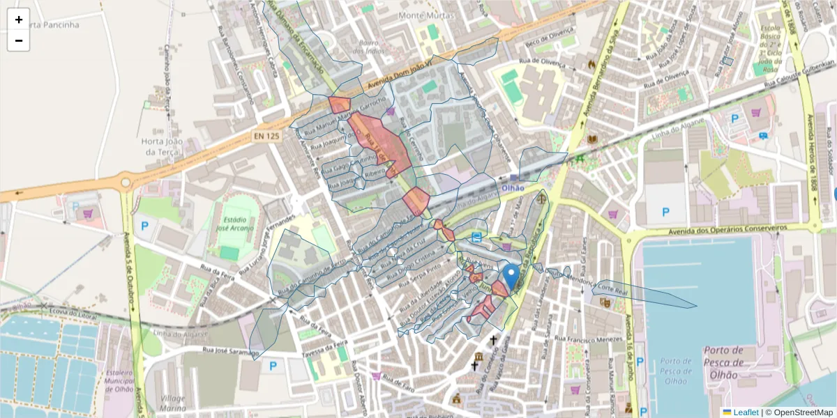 Mapa detalhado do código postal 8700-568 com limites, códigos postais vizinhos e agências dos correios