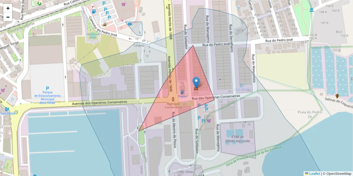 Mapa detalhado do código postal 8700-995 com limites, códigos postais vizinhos e agências dos correios