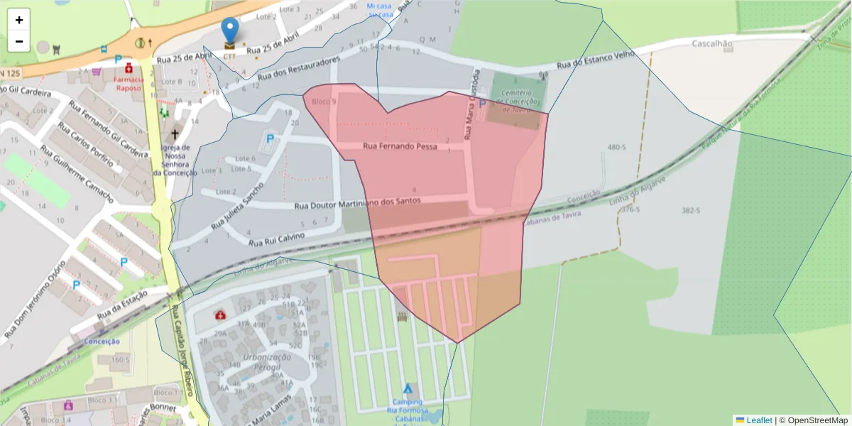 Mapa detalhado do código postal 8800-055 com limites, códigos postais vizinhos e agências dos correios