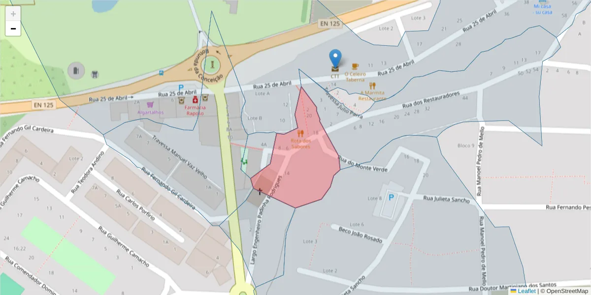 Mapa detalhado do código postal 8800-059 com limites, códigos postais vizinhos e agências dos correios