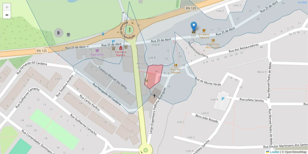 Mapa detalhado do código postal 8800-079 com limites, códigos postais vizinhos e agências dos correios