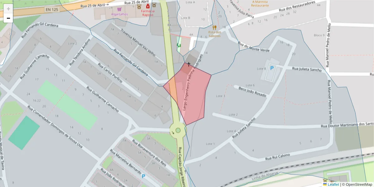 Mapa detalhado do código postal 8800-080 com limites, códigos postais vizinhos e agências dos correios