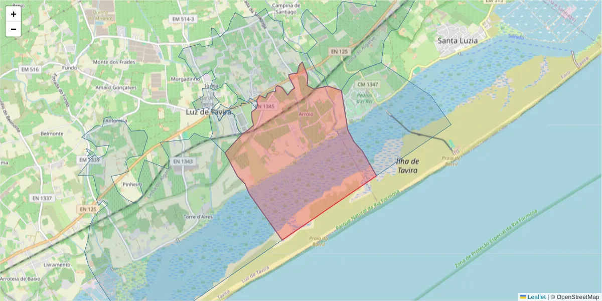 Mapa detalhado do código postal 8800-101 com limites, códigos postais vizinhos e agências dos correios