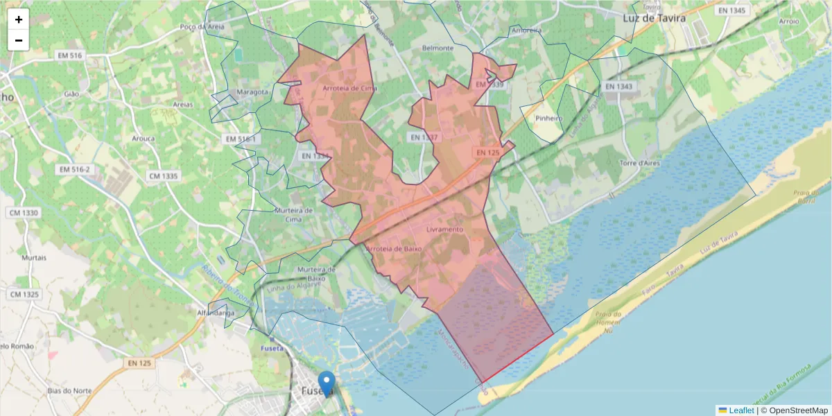Mapa detalhado do código postal 8800-102 com limites, códigos postais vizinhos e agências dos correios