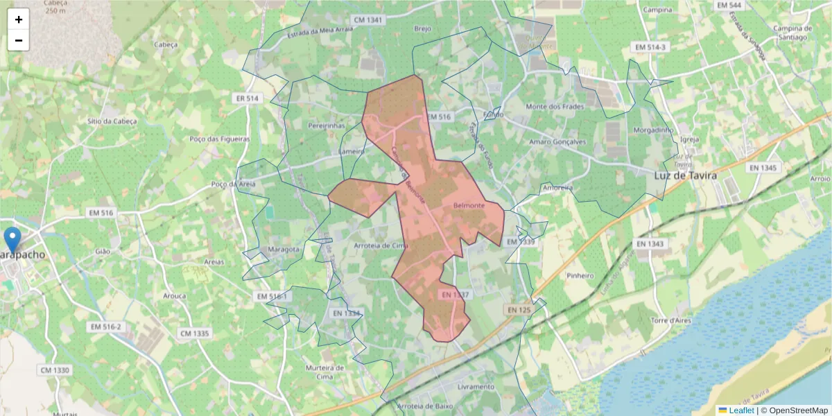 Mapa detalhado do código postal 8800-105 com limites, códigos postais vizinhos e agências dos correios