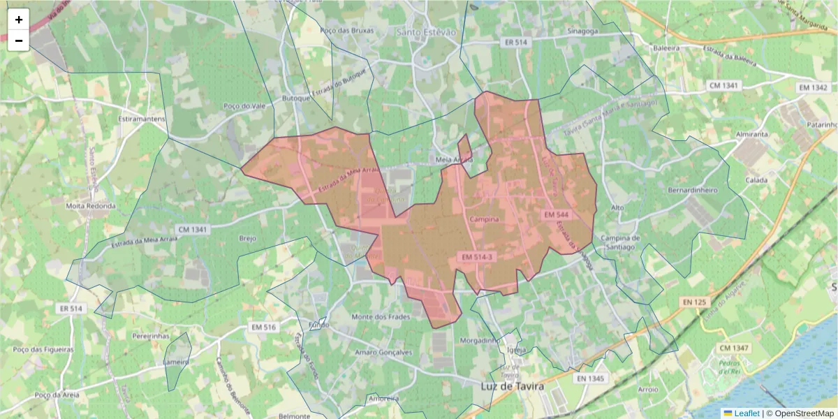Mapa detalhado do código postal 8800-107 com limites, códigos postais vizinhos e agências dos correios