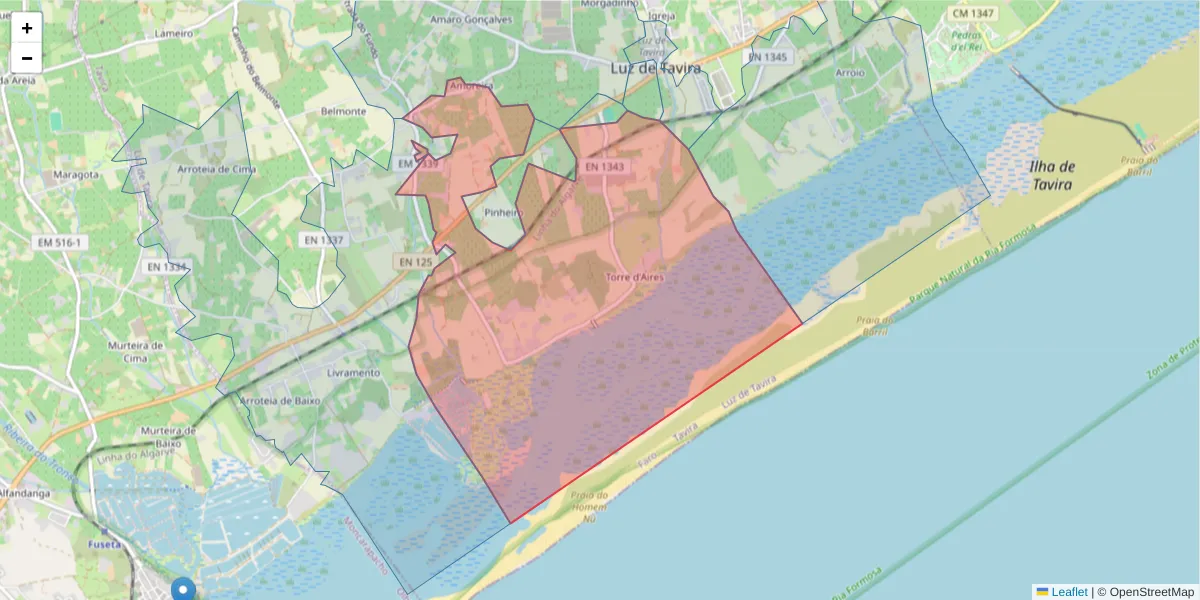 Mapa detalhado do código postal 8800-118 com limites, códigos postais vizinhos e agências dos correios