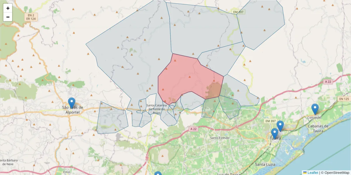 Mapa detalhado do código postal 8800-159 com limites, códigos postais vizinhos e agências dos correios