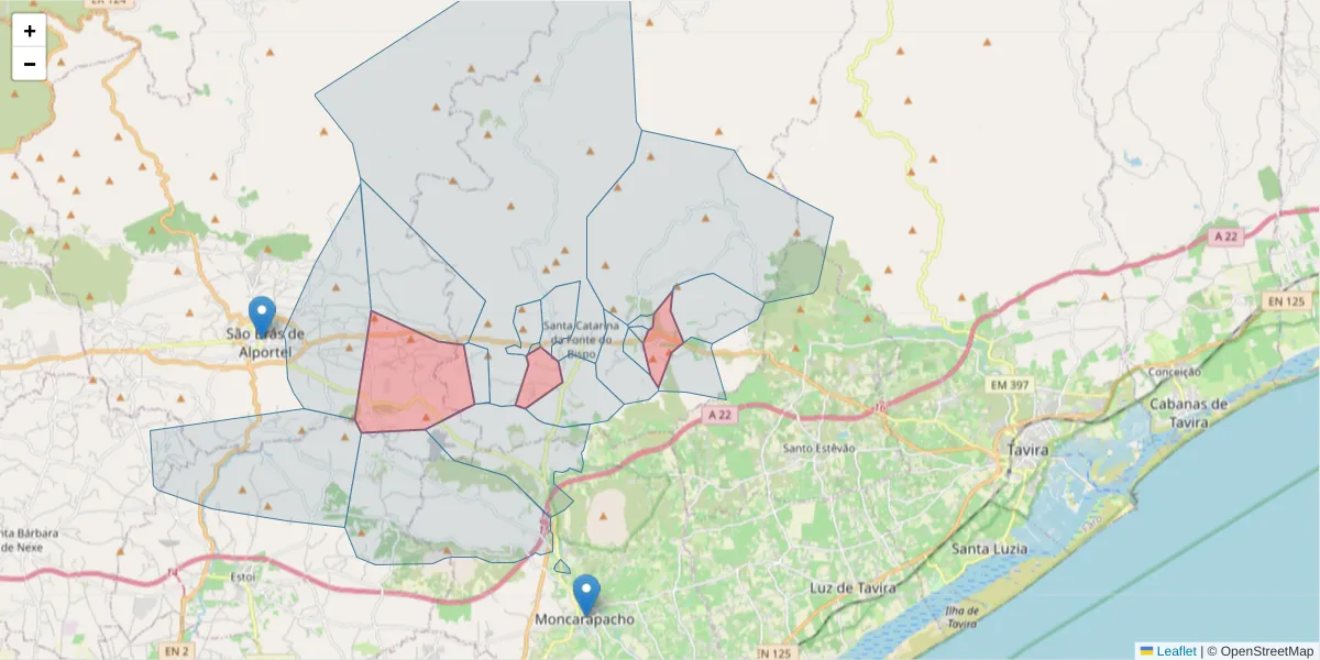 Mapa detalhado do código postal 8800-161 com limites, códigos postais vizinhos e agências dos correios