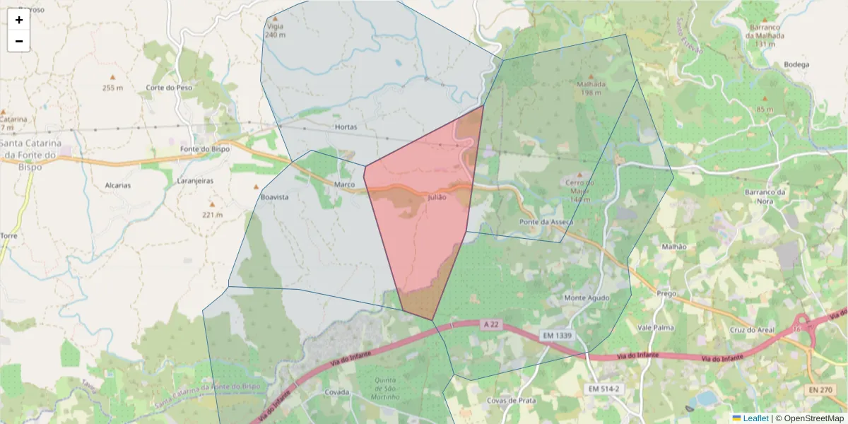 Mapa detalhado do código postal 8800-163 com limites, códigos postais vizinhos e agências dos correios
