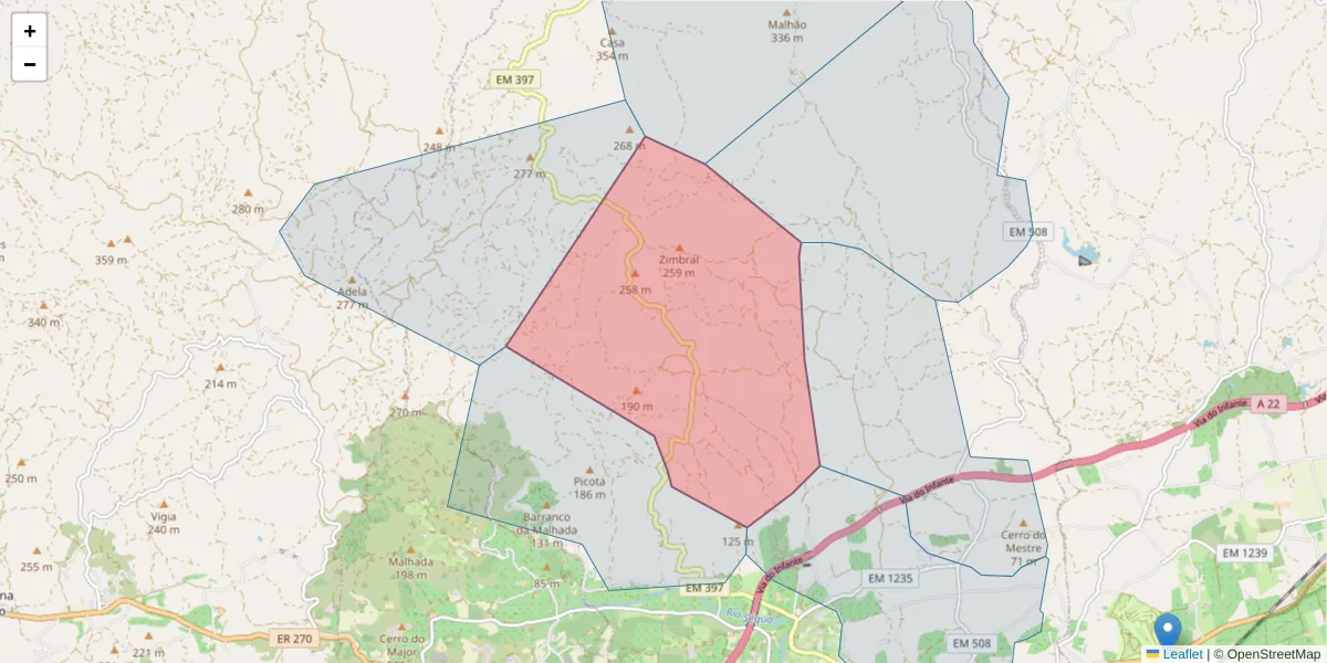 Mapa detalhado do código postal 8800-210 com limites, códigos postais vizinhos e agências dos correios