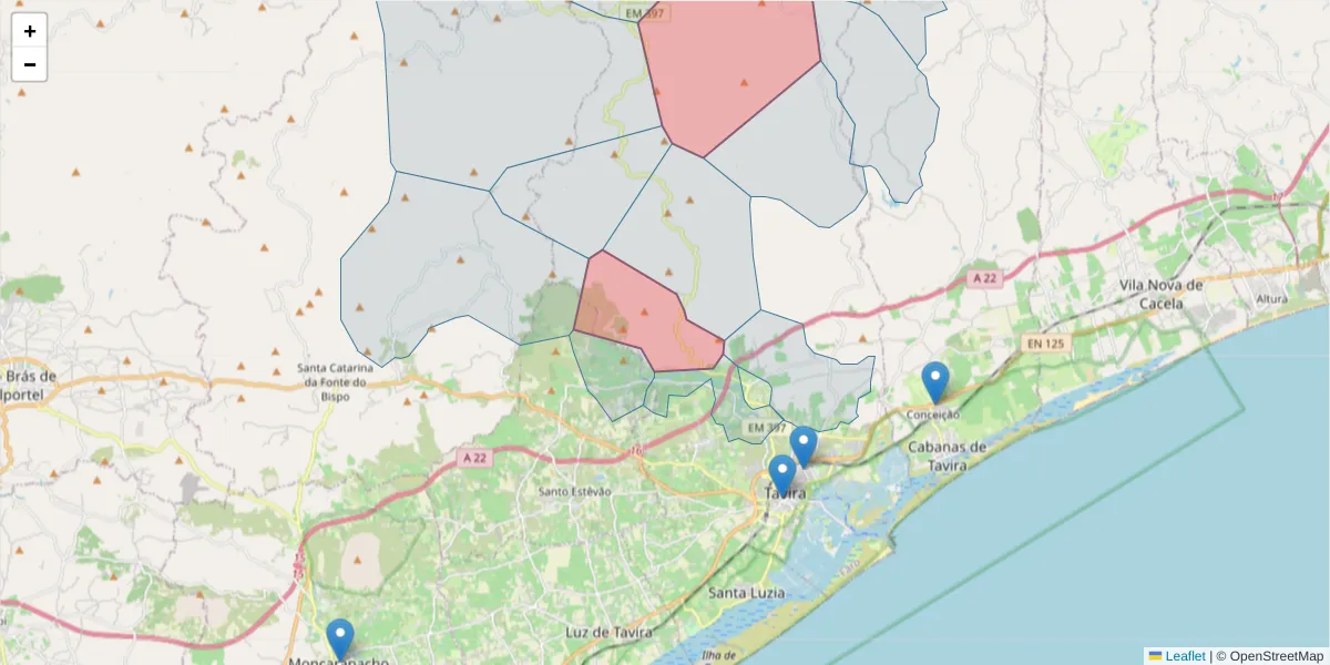 Mapa detalhado do código postal 8800-211 com limites, códigos postais vizinhos e agências dos correios