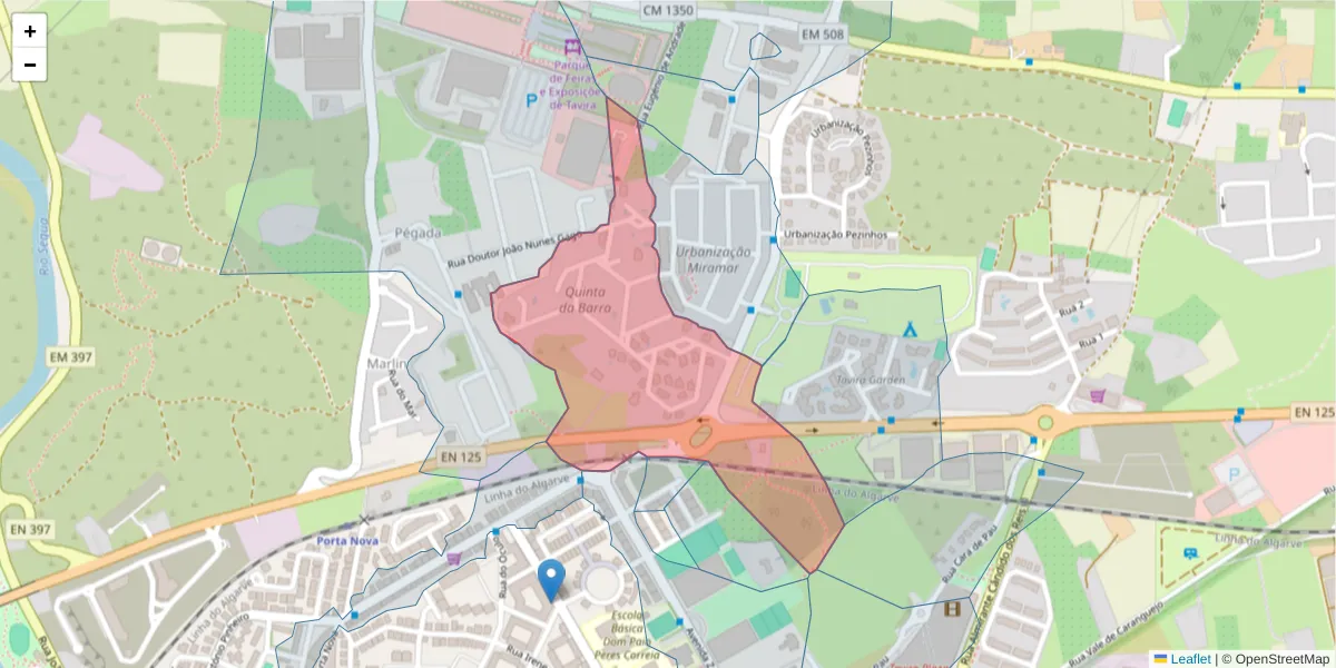 Mapa detalhado do código postal 8800-215 com limites, códigos postais vizinhos e agências dos correios