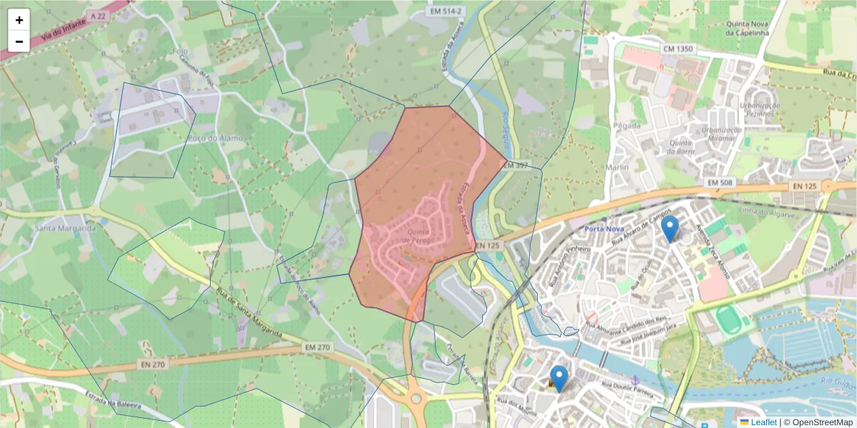 Mapa detalhado do código postal 8800-217 com limites, códigos postais vizinhos e agências dos correios