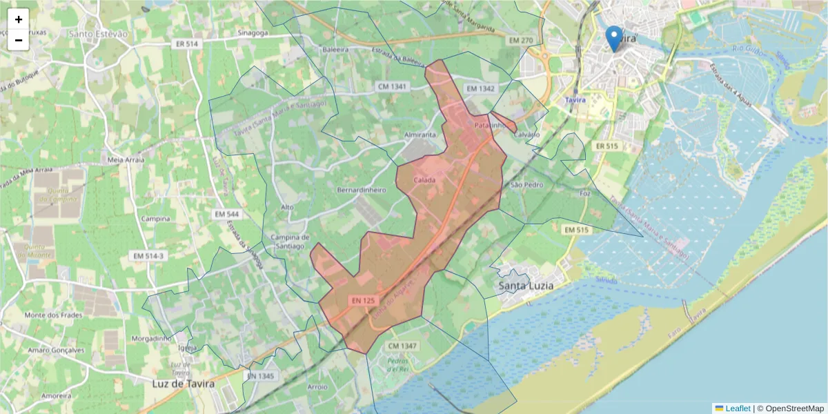 Mapa detalhado do código postal 8800-252 com limites, códigos postais vizinhos e agências dos correios