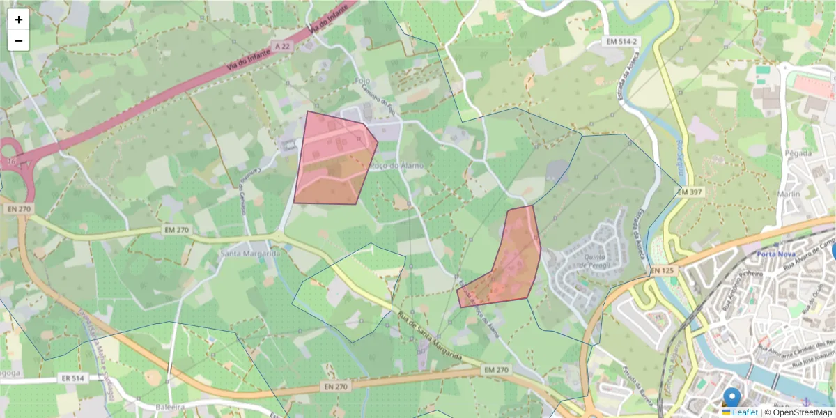 Mapa detalhado do código postal 8800-254 com limites, códigos postais vizinhos e agências dos correios