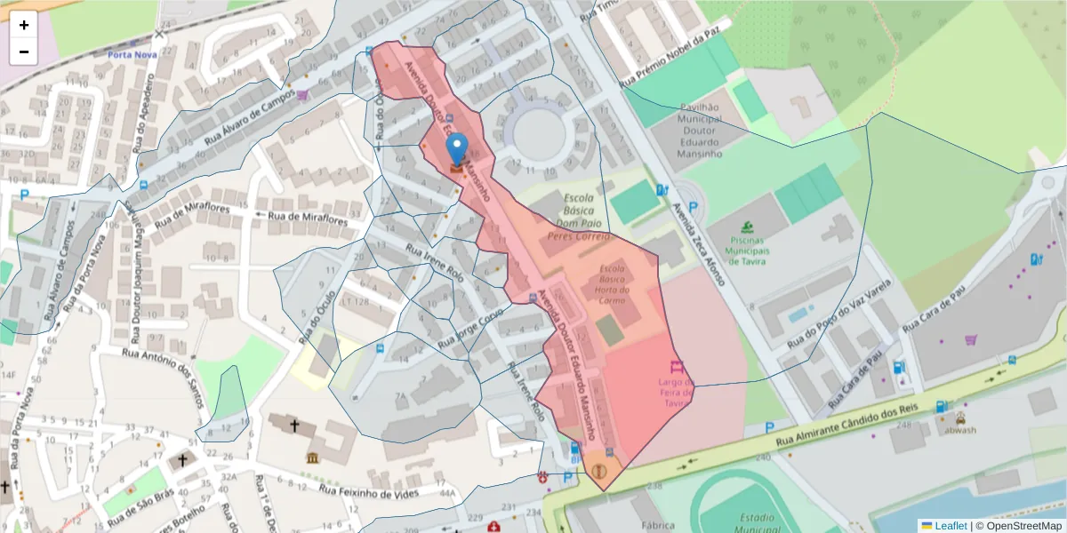 Mapa detalhado do código postal 8800-301 com limites, códigos postais vizinhos e agências dos correios