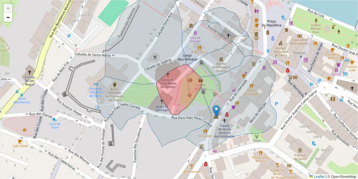 Mapa detalhado do código postal 8800-307 com limites, códigos postais vizinhos e agências dos correios