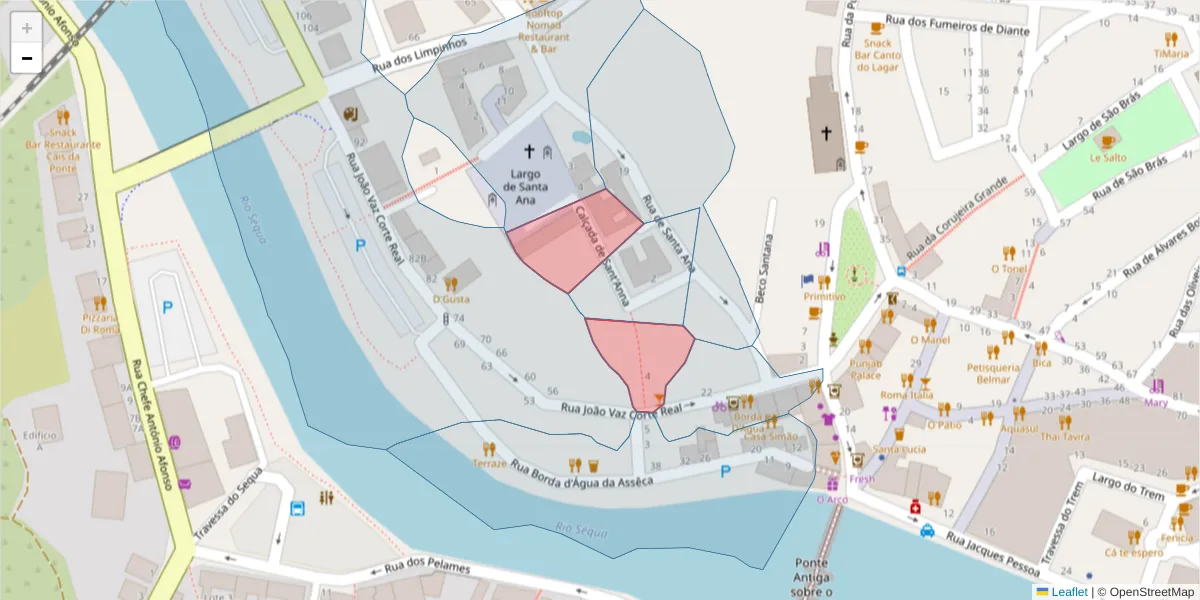 Mapa detalhado do código postal 8800-309 com limites, códigos postais vizinhos e agências dos correios