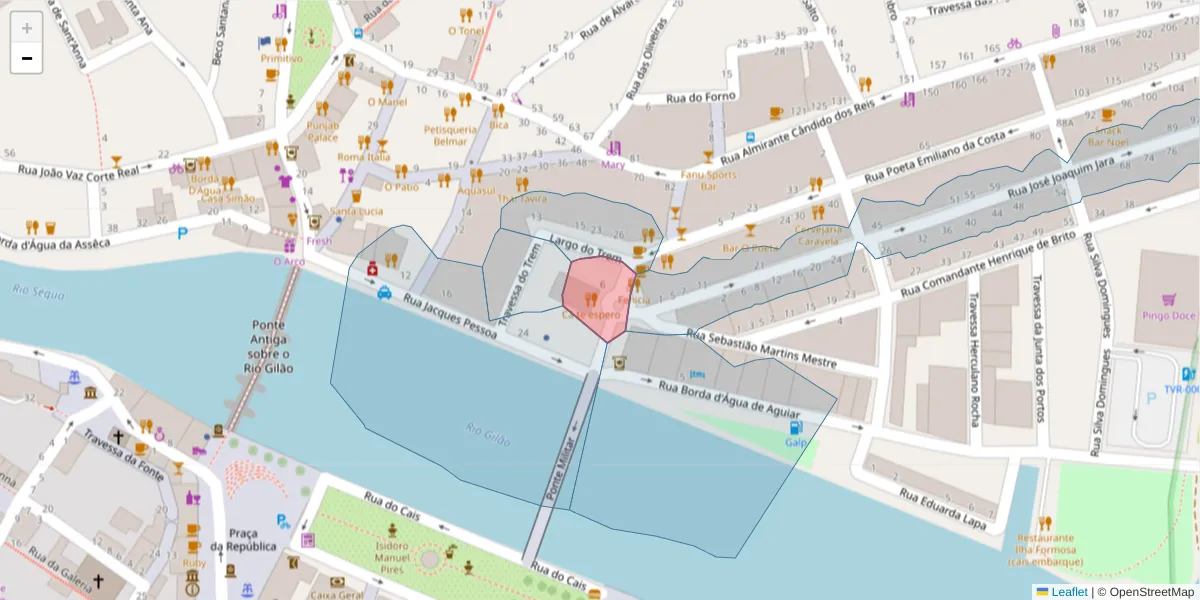 Mapa detalhado do código postal 8800-310 com limites, códigos postais vizinhos e agências dos correios