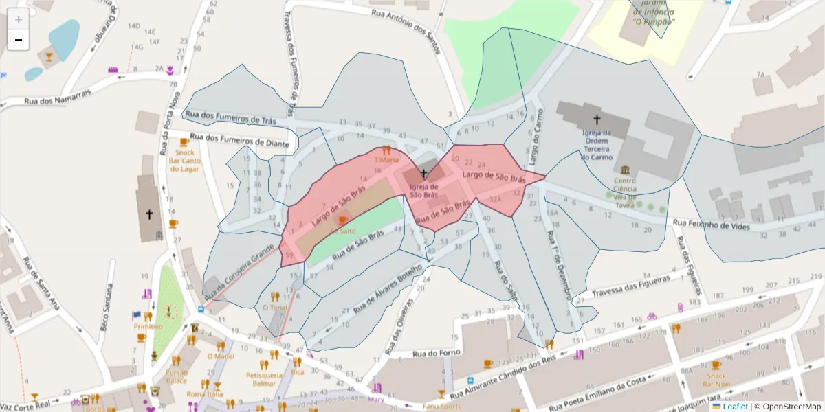 Mapa detalhado do código postal 8800-314 com limites, códigos postais vizinhos e agências dos correios