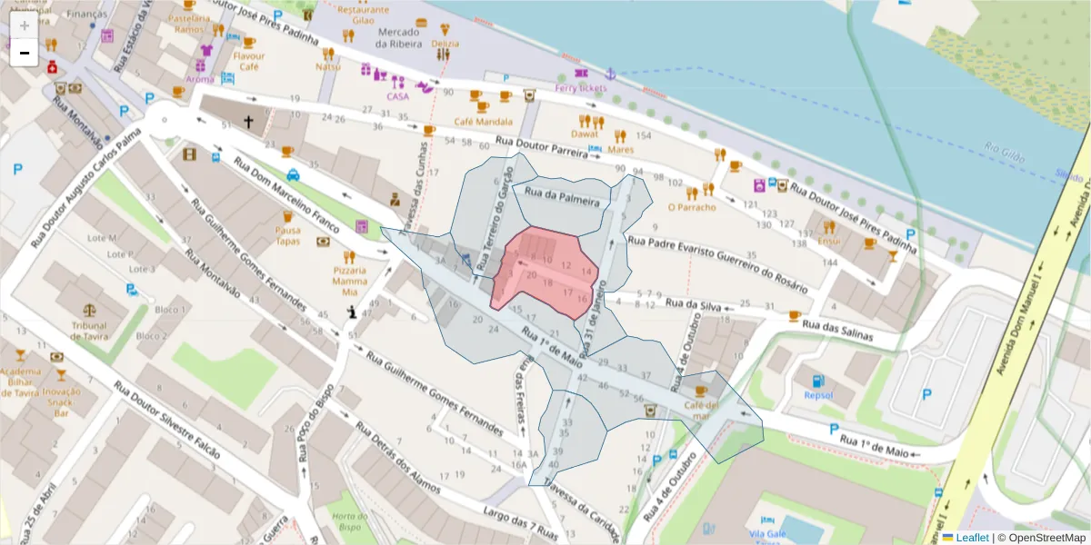 Mapa detalhado do código postal 8800-315 com limites, códigos postais vizinhos e agências dos correios