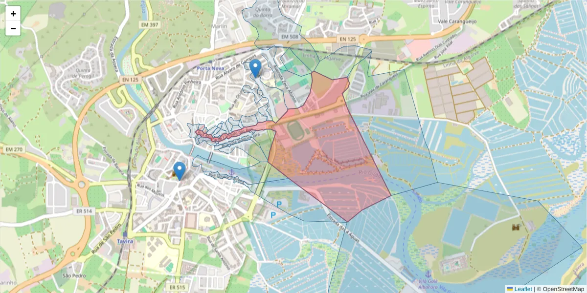 Mapa detalhado do código postal 8800-318 com limites, códigos postais vizinhos e agências dos correios