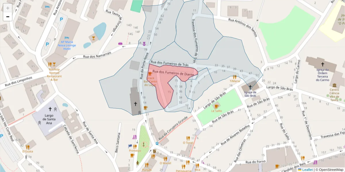 Mapa detalhado do código postal 8800-322 com limites, códigos postais vizinhos e agências dos correios