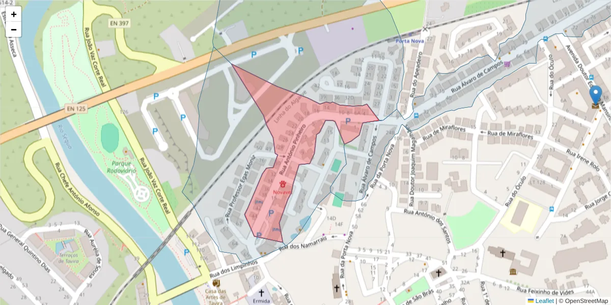 Mapa detalhado do código postal 8800-323 com limites, códigos postais vizinhos e agências dos correios