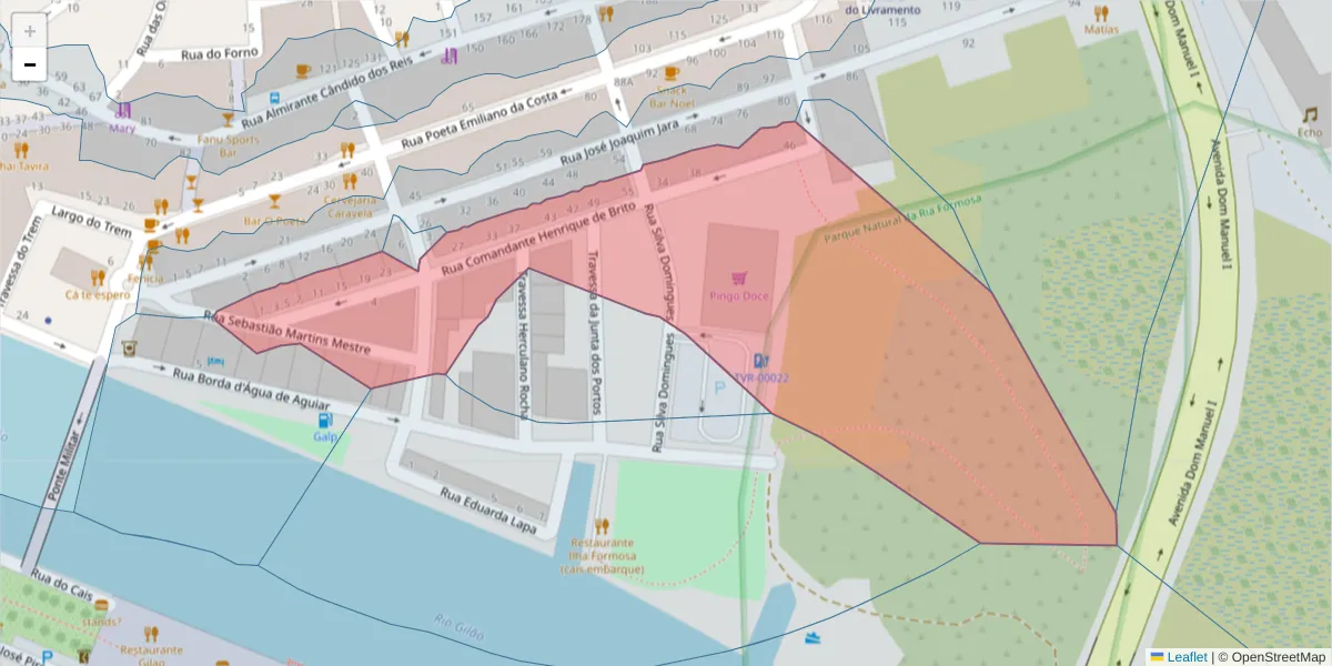 Mapa detalhado do código postal 8800-328 com limites, códigos postais vizinhos e agências dos correios